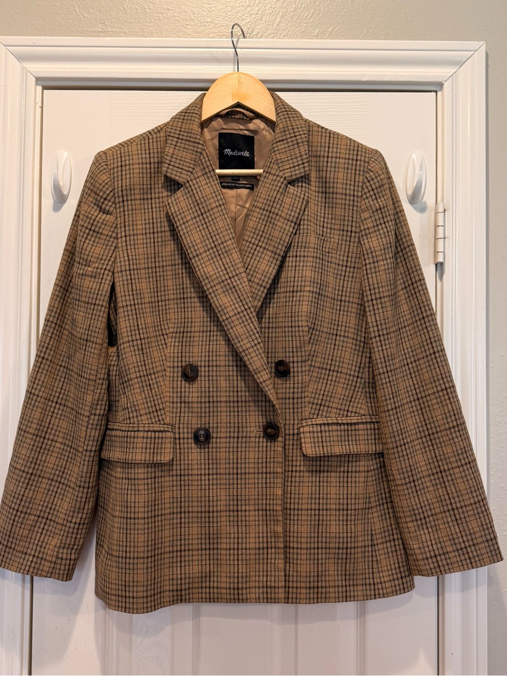 Madewell Blazer Italian Fabric Plaid Check Tan Preppy Academia Women’s Size 8